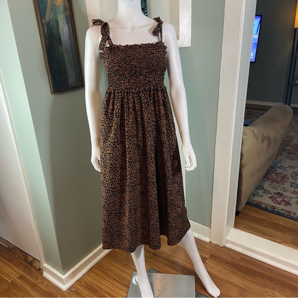 Treasure & Bond Leopard Smocked XS XSmall Midi Sun Dress Sundress tie straps